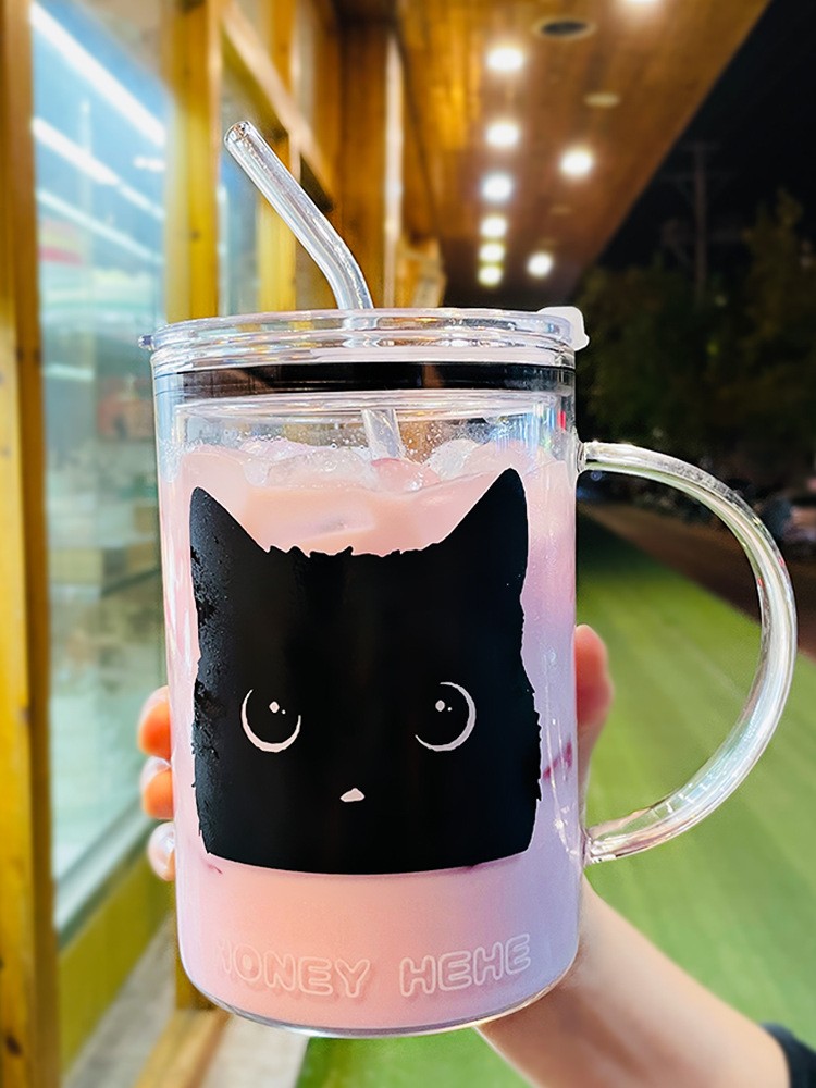 1000ml黑貓咪吸管耐熱玻璃杯
