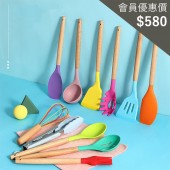 彩色木柄矽膠廚具油刷鍋鏟刮刀勺套裝
